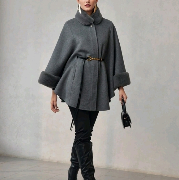 WOOL CONTRAST FLUFFY CHAIN BELTED CAPE OVERCOAT - Picture 1 of 5